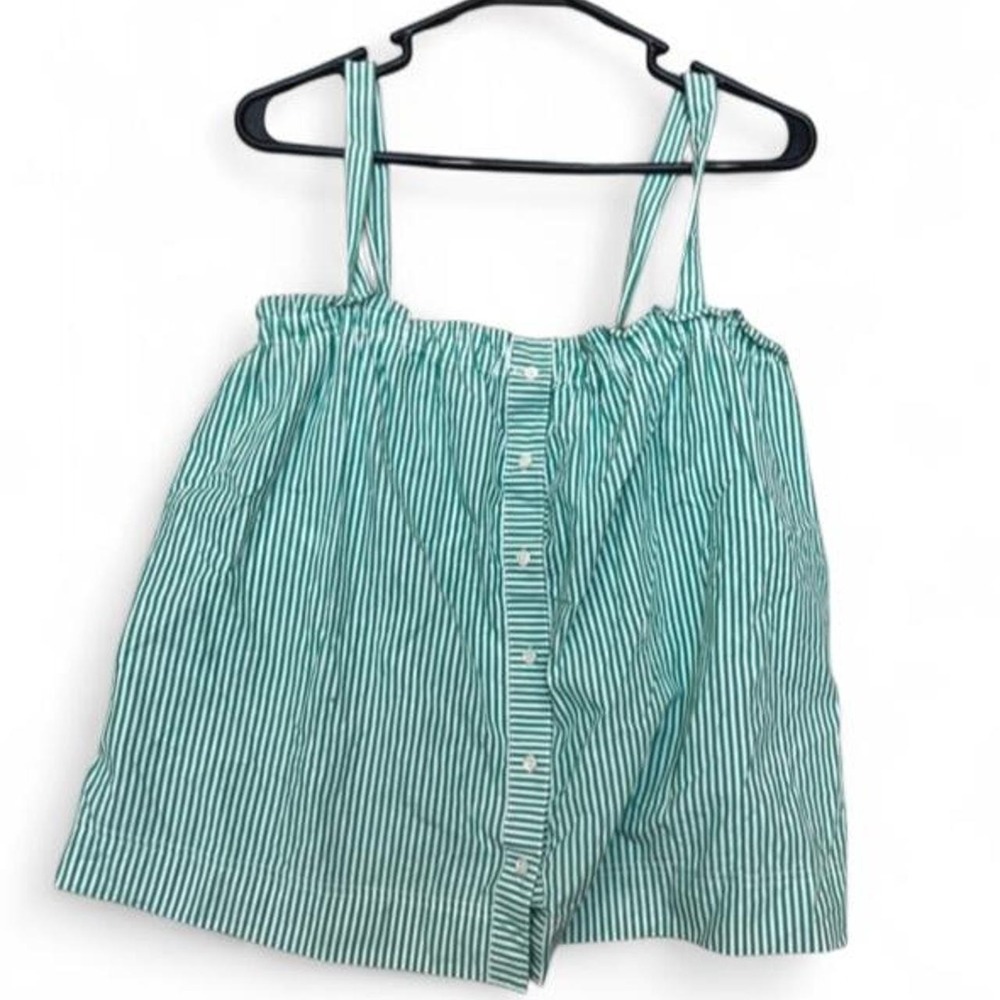 J.Crew Green White Striped Ruffle Tank Top Camisole Size 10 Button Front Coastal